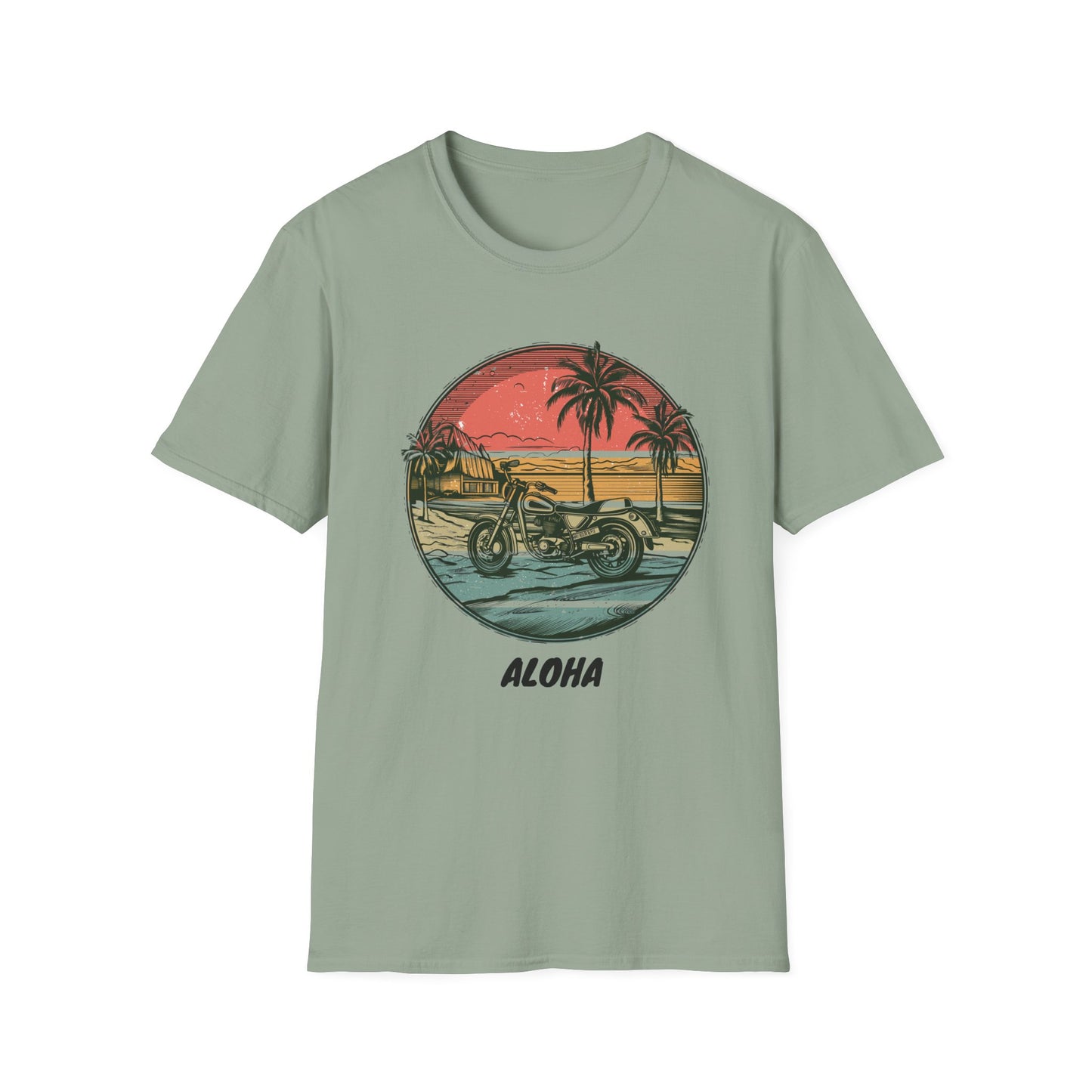 Aloha Hawaiian Motorcycle t-shirt. Sage color. Designed by Steel Spirit.