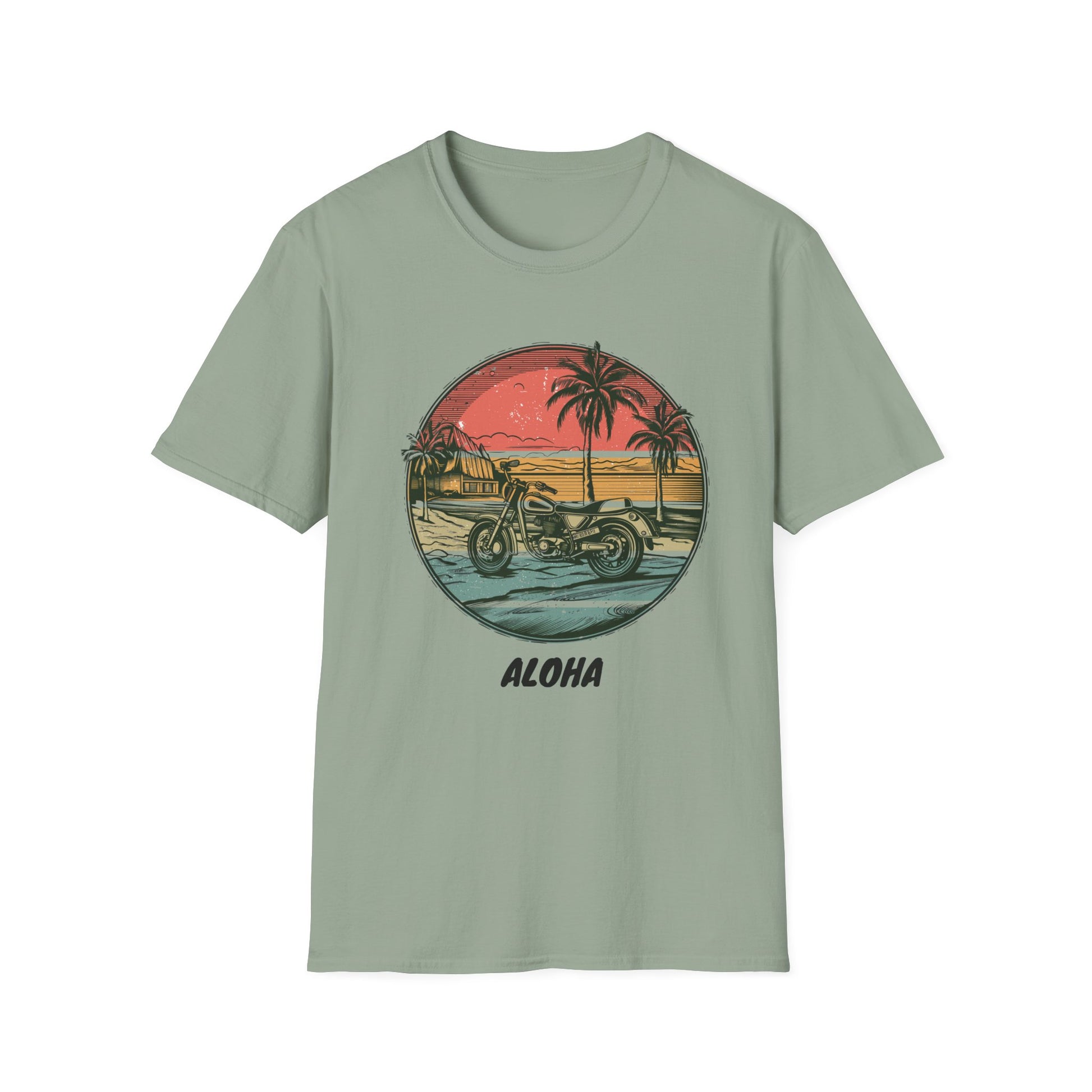 Aloha Hawaiian Motorcycle t-shirt. Sage color. Designed by Steel Spirit.