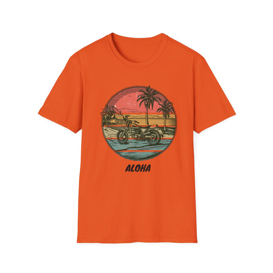 Aloha Hawaiian Motorcycle t-shirt. Orange color. Designed by Steel Spirit.