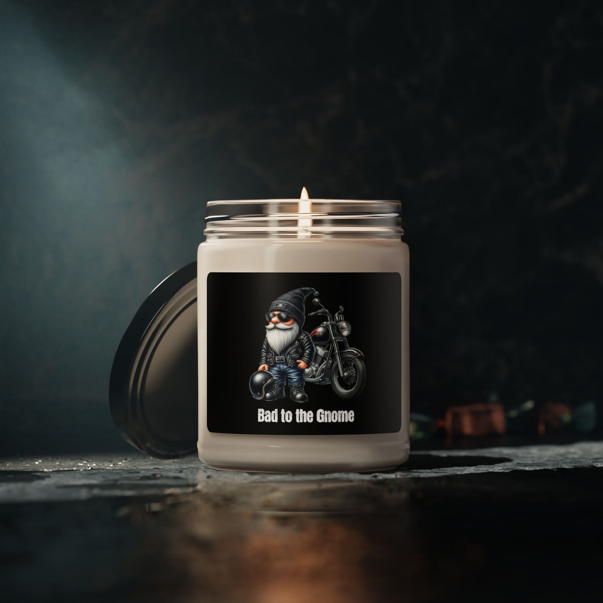 Bad to the Gnome motorcycle candle. Designed by Steel Spirit.