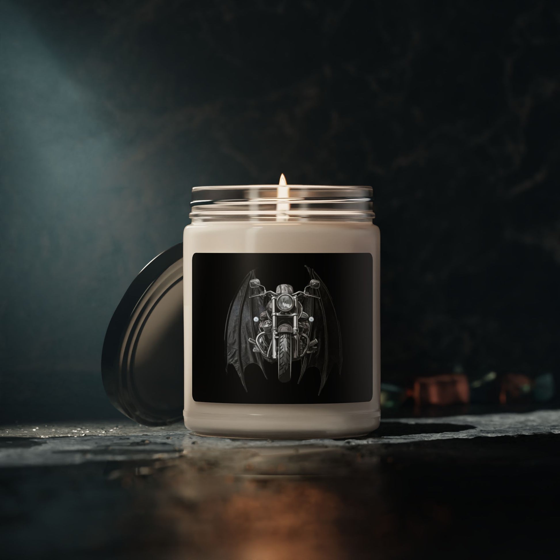 Motorcycle with Bat Wings soy candles. Part of the Steel Spirit Winged Motorcycle collection.