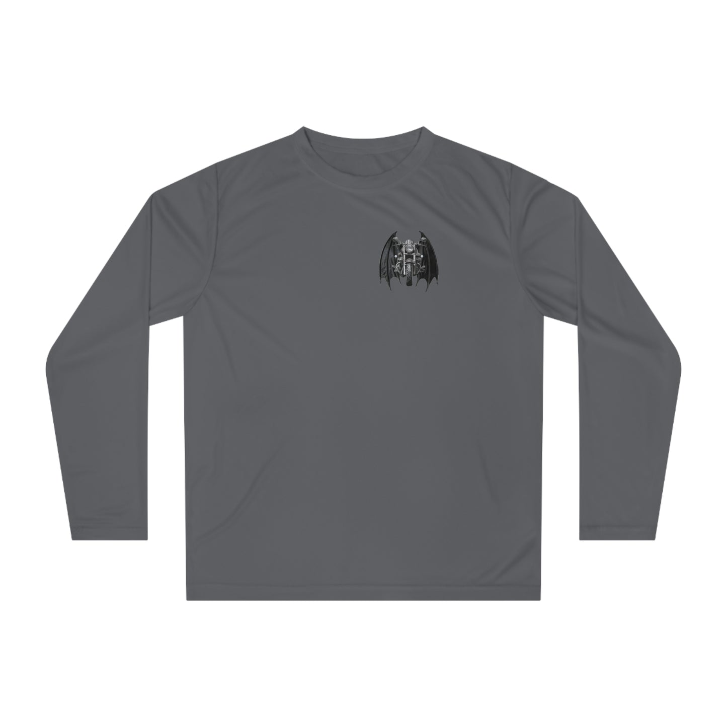 Motorcycle with bat wings grey long sleeve motorcycle shirt. Moisture wicking and UV protection. Part of winged motorcycle collection.