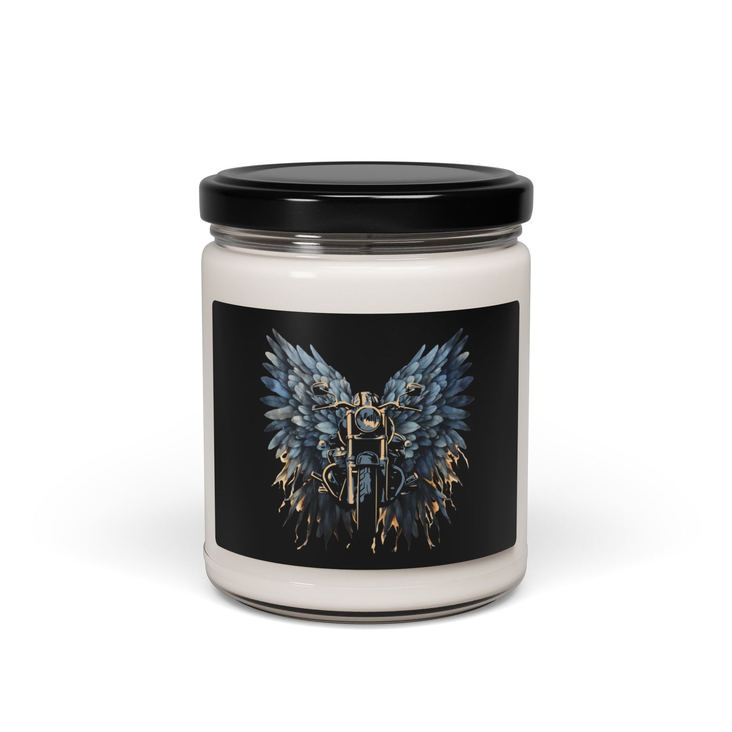 Motorcycle with blue angel wings candle. Part of the Steel Spirit Winged Motorcycle Collection.