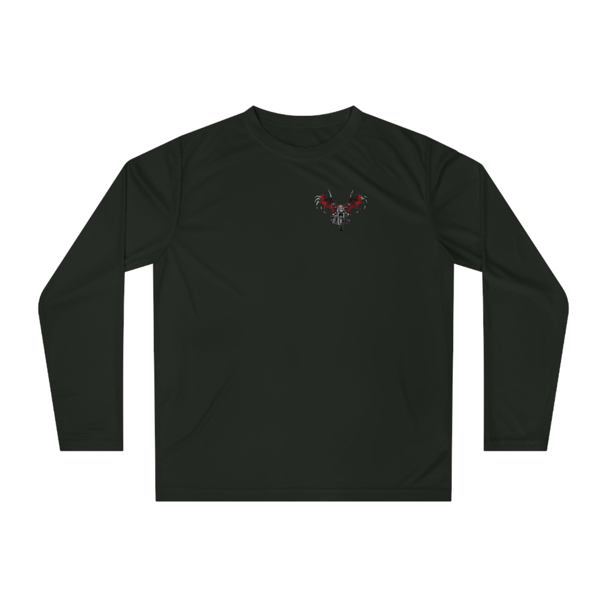 Motorcycle with red dragon wings long sleeve shirt. Moisture wicking and UV protection. Front of shirt. Part of the Steel Spirit Winged Motorcycle collection.