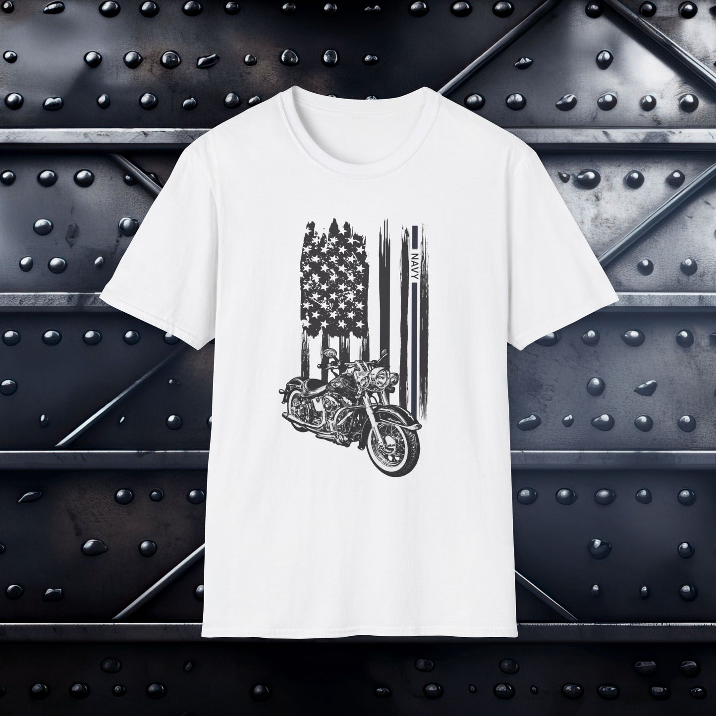 Patriotic Navy Biker Motorcycle t-shirt white, by Steel Spirit