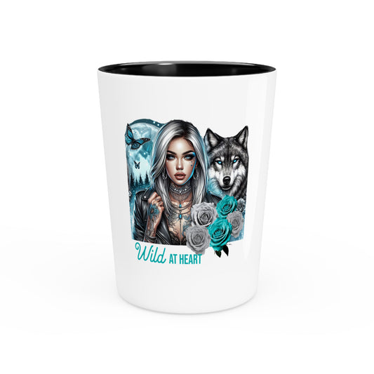 Wild at heart female biker shot glass with wolf and roses, by Steel Spirit