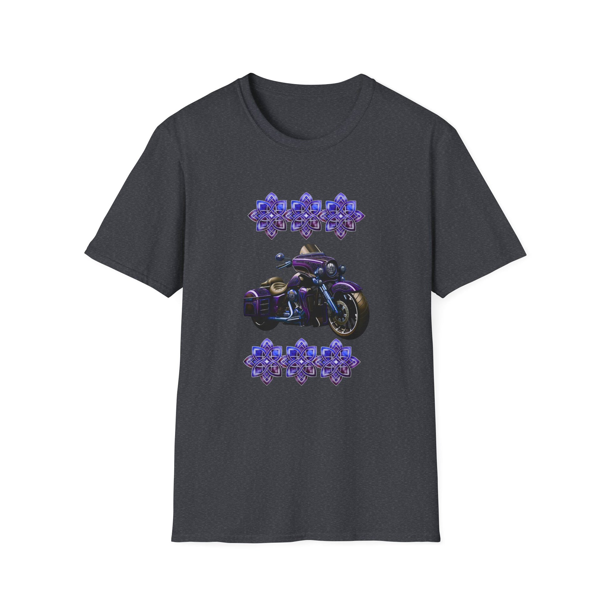 Purple motorcycle t-shirt. Grey shirt. Designed by Steel Spirit.