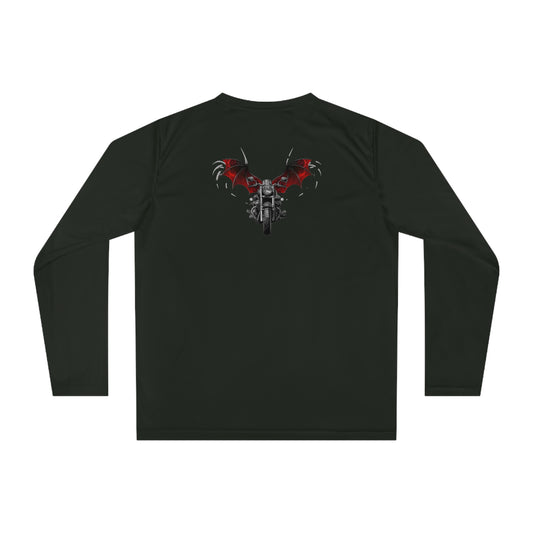 Motorcycle with red dragon wings long sleeve shirt. Moisture wicking and UV protection. Part of the Steel Spirit Winged Motorcycle collection.